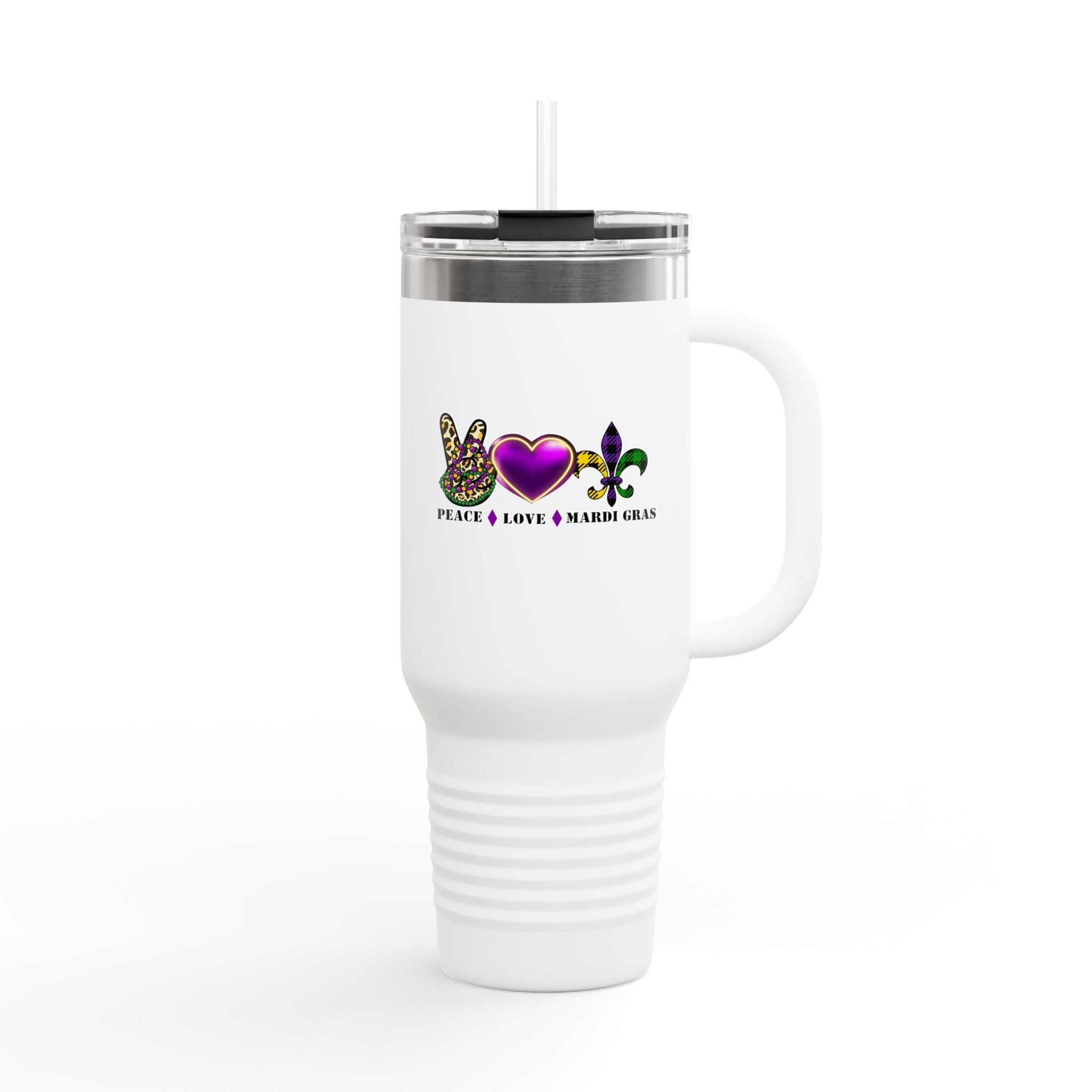 Peace-Love-Mardi Gras Insulated Travel Mug, 40oz