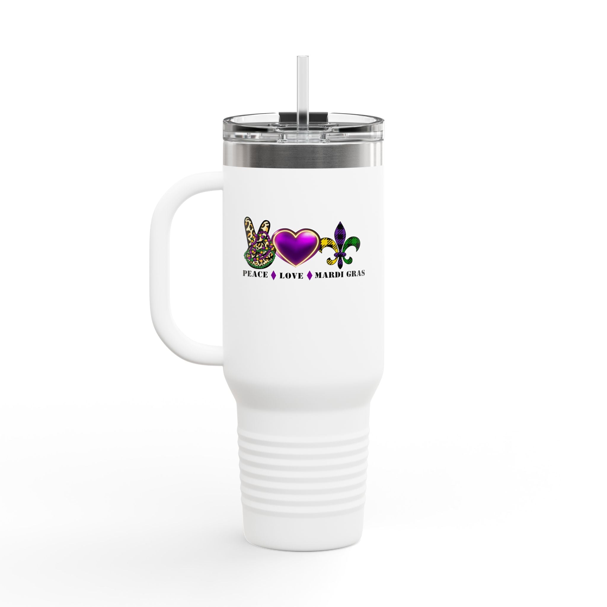 Peace-Love-Mardi Gras Insulated Travel Mug, 40oz