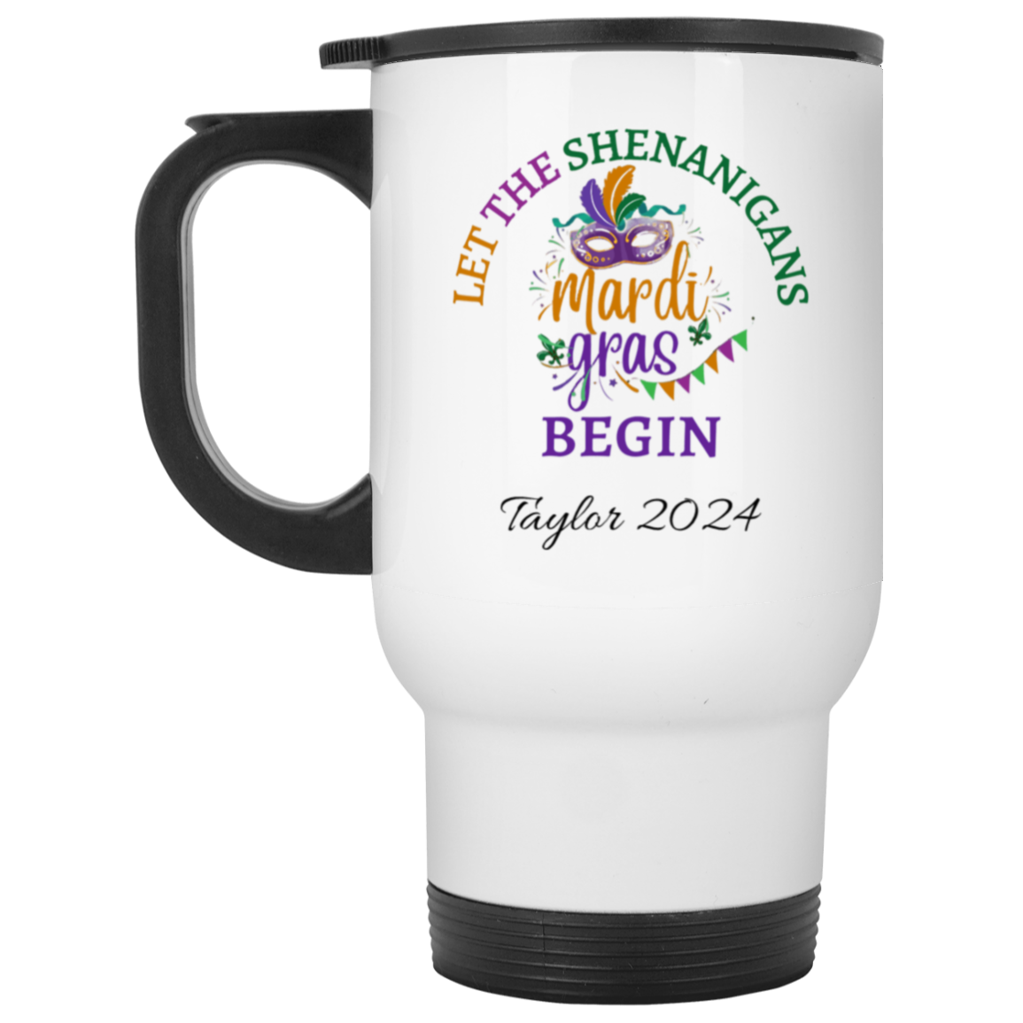 Mardi Gras Personalized  White Travel Mug (XP8400W)